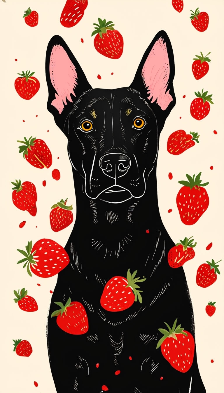 Playful Black Dog Surrounded by Strawberries Illustration Phone Case Cover