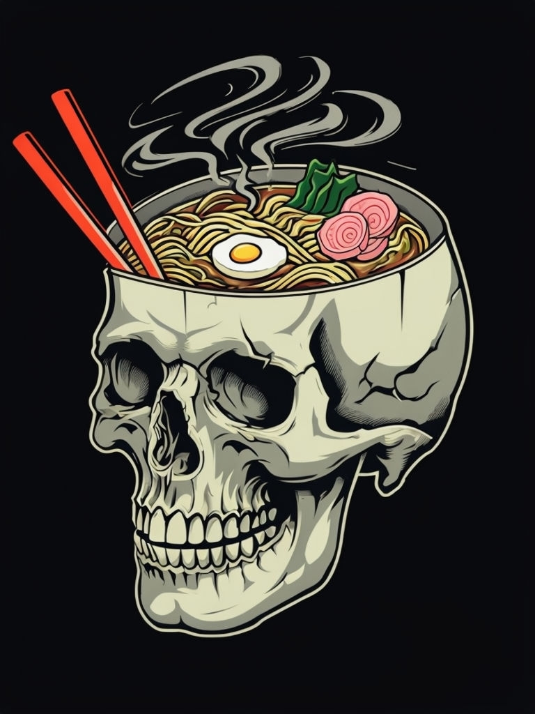 Stylized Skull with Ramen and Chopsticks Graphic Design Poster