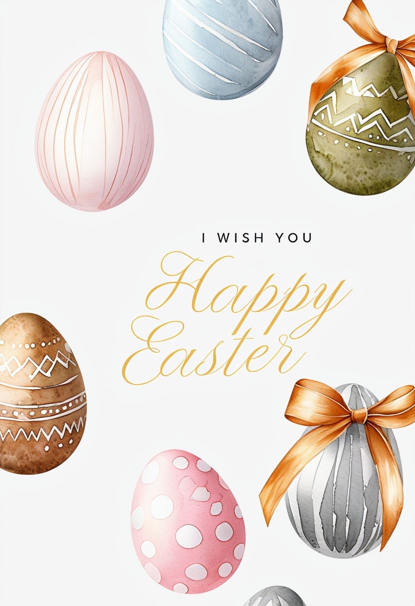 Festive Watercolor Easter Greeting Card with Colorful Eggs and Ribbons Cards & Invites