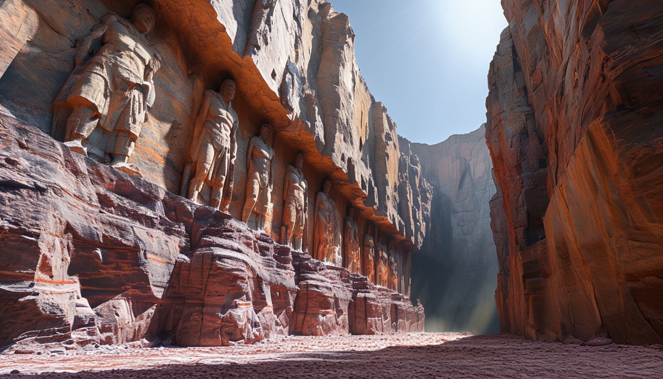 Dramatic Canyon View with Intricate Carved Relief Figures Background