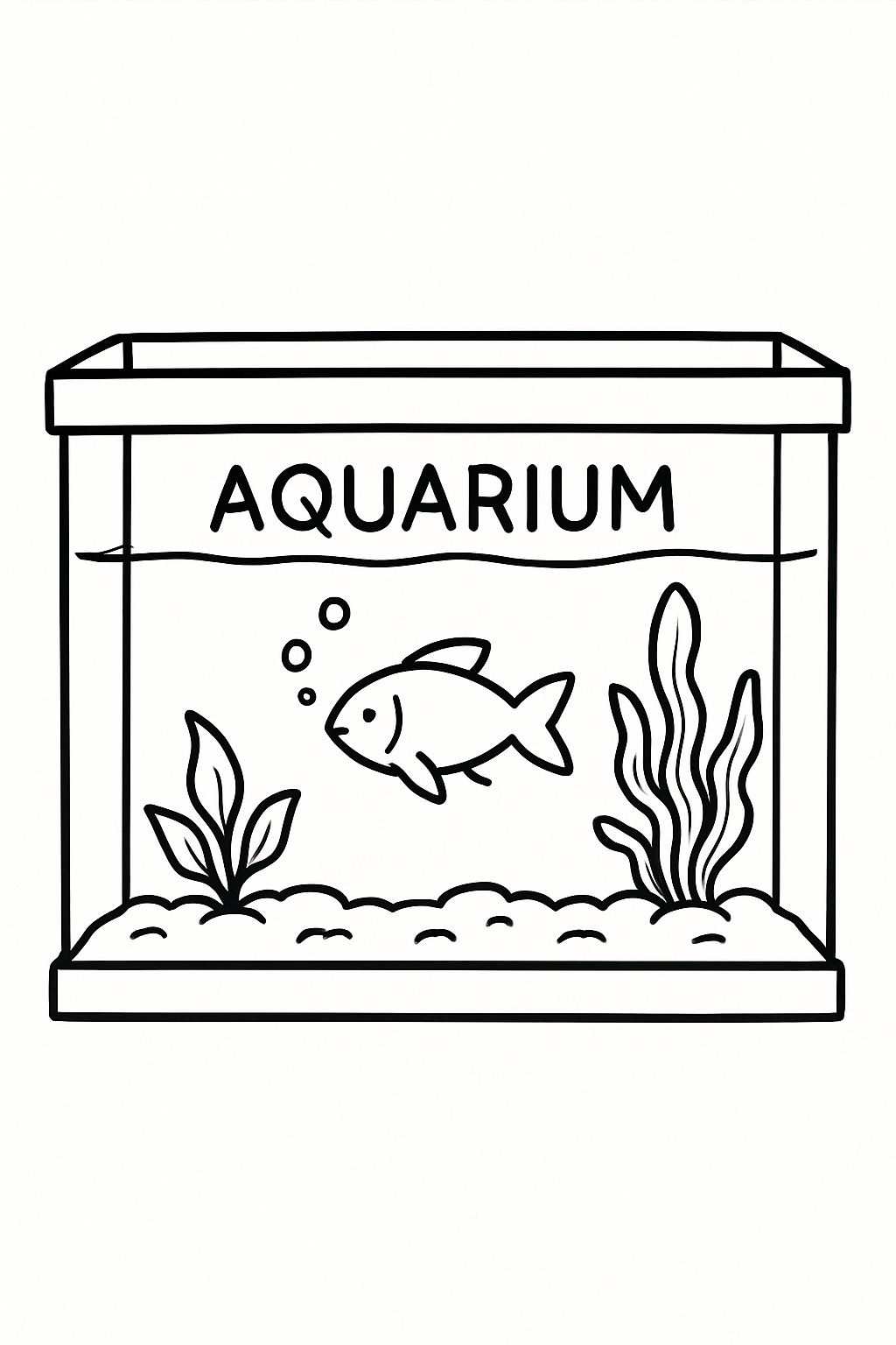 Simple Line Drawing of an Aquarium with Fish and Algae Coloring Book Page
