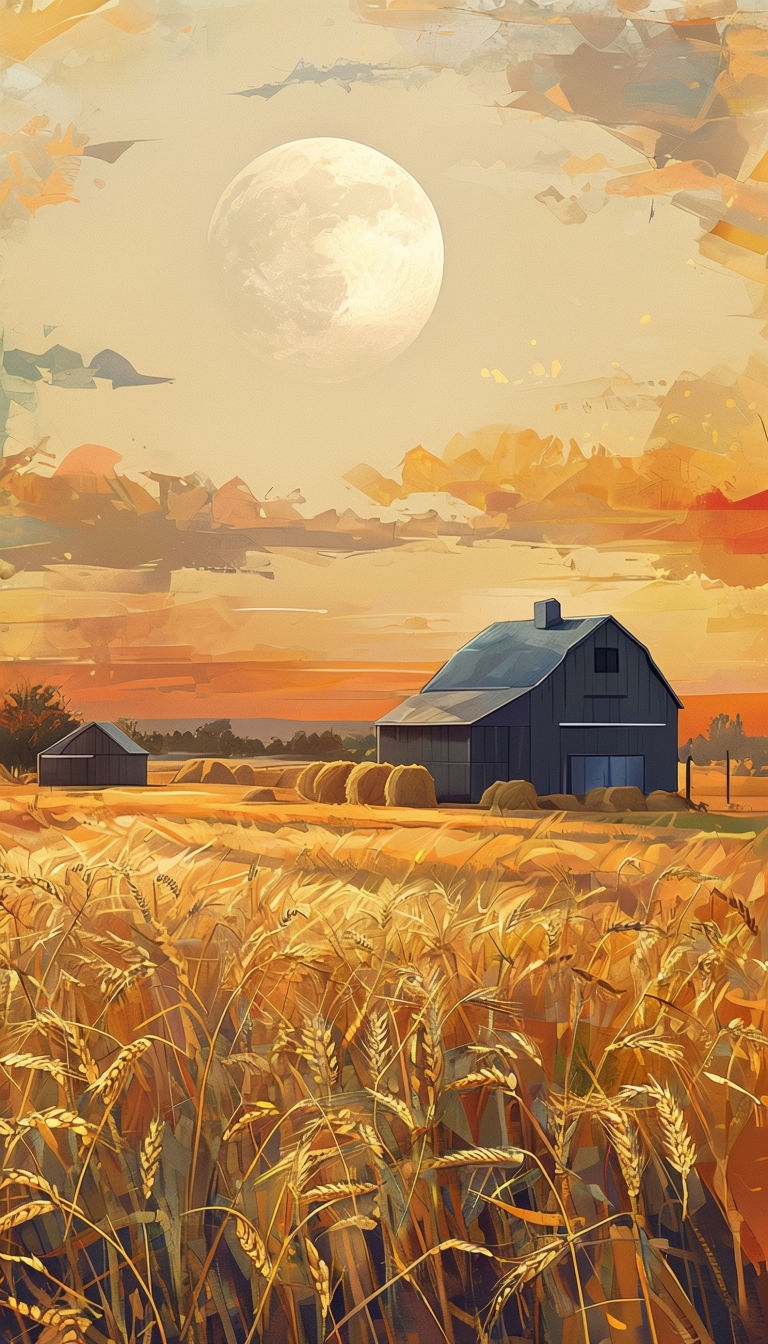 Serene Sunset Rural Landscape with Wheat and Barns Mobile Wallpaper