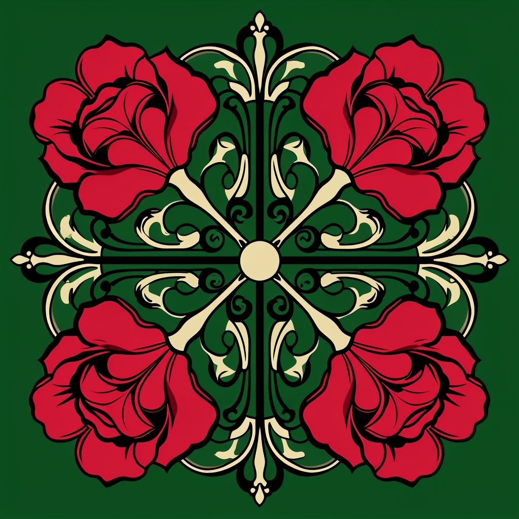 Symmetrical Floral Art Nouveau Pattern with Red Roses Seamless Pattern