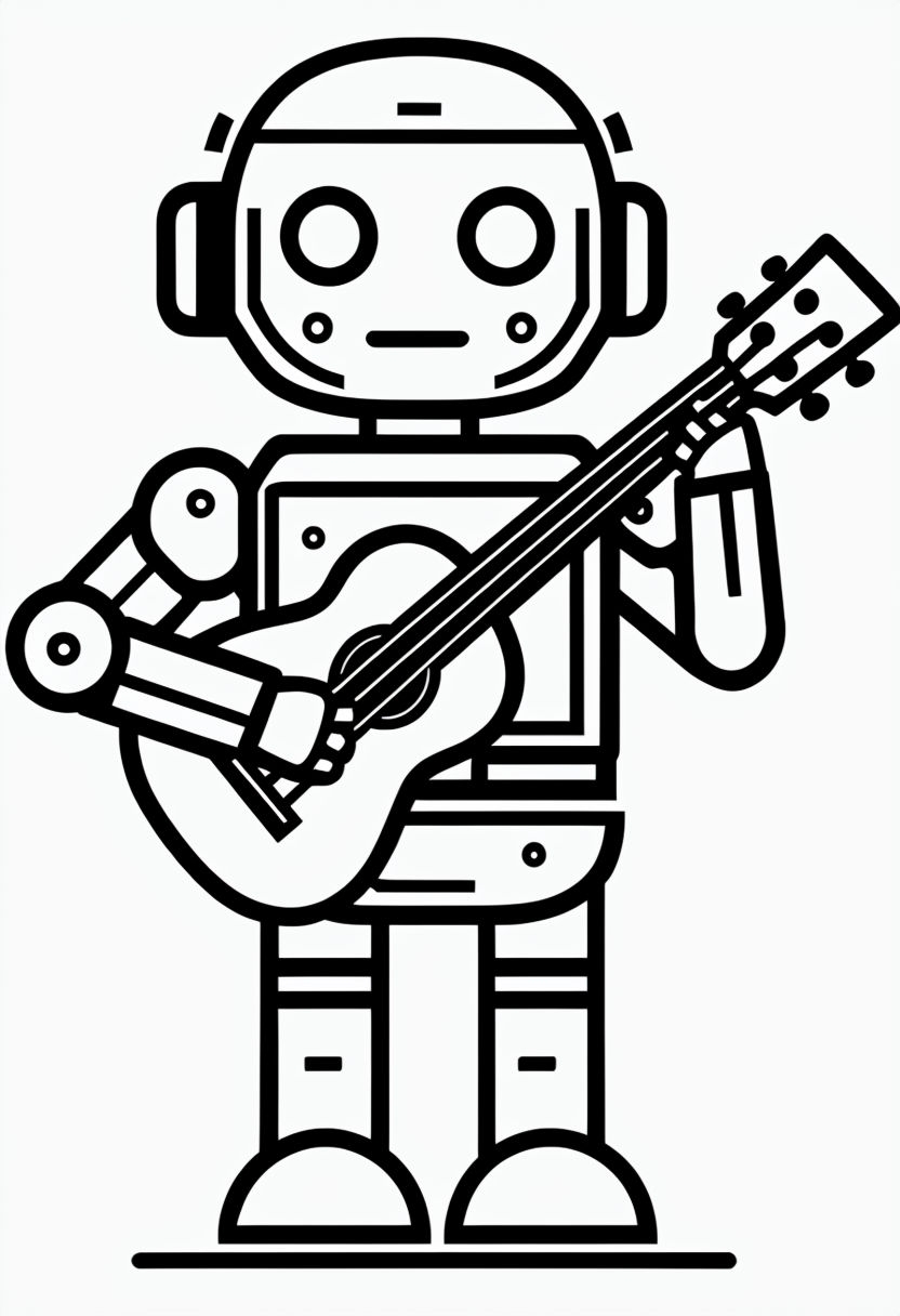 Cute Robot Playing Ukulele Simple Line Art Coloring Page