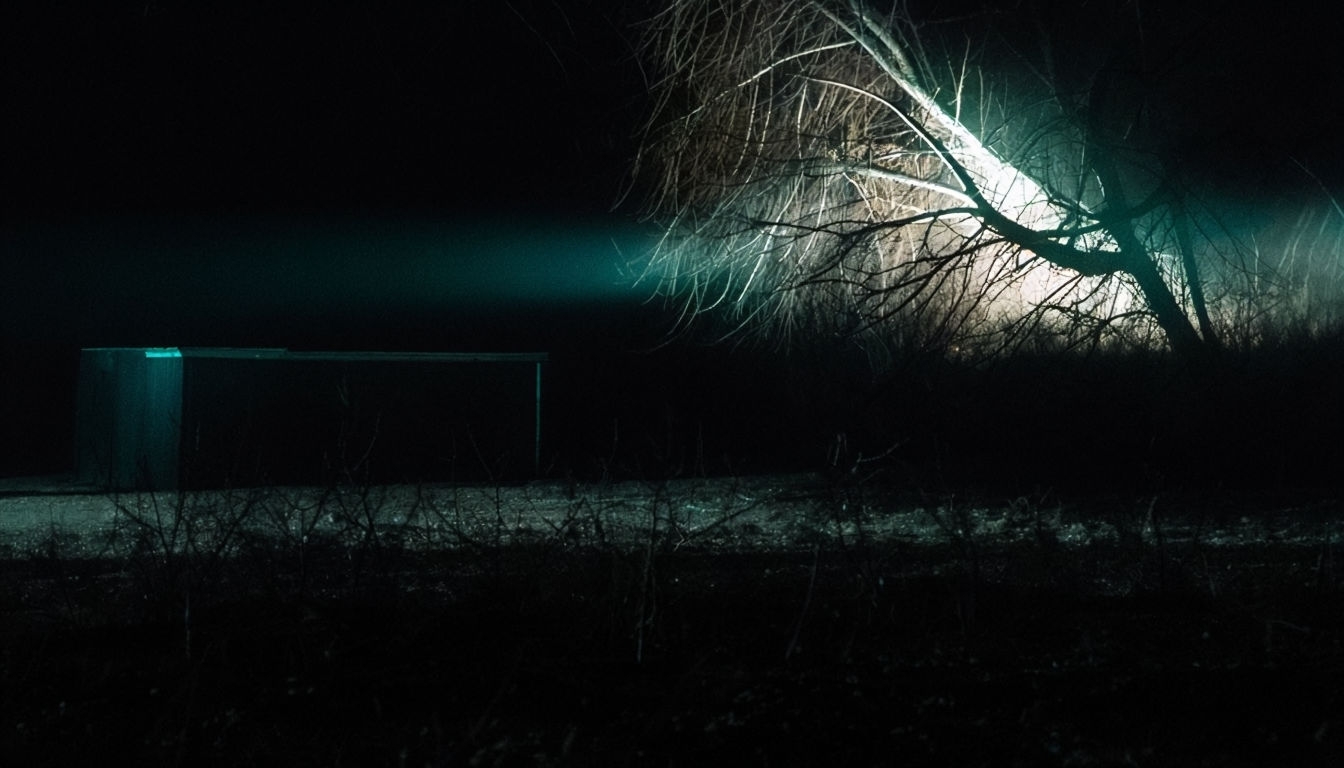 Eerie Nighttime Forest Scene with Blue-Green Light Background