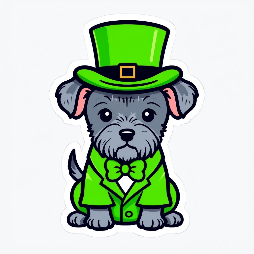 Playful Cartoon Gray Dog in Lime Green Festive Attire Sticker