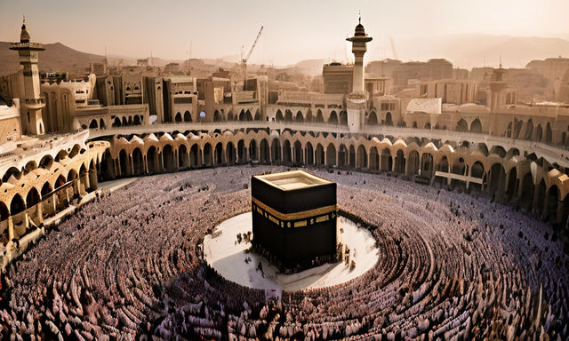 An aerial view of the Kaaba surrounded by pilgrims during Ha... by ...