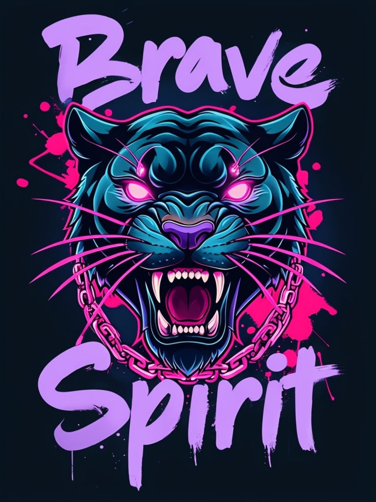 Fierce Neon Black Panther Head with Graffiti Text T-Shirt