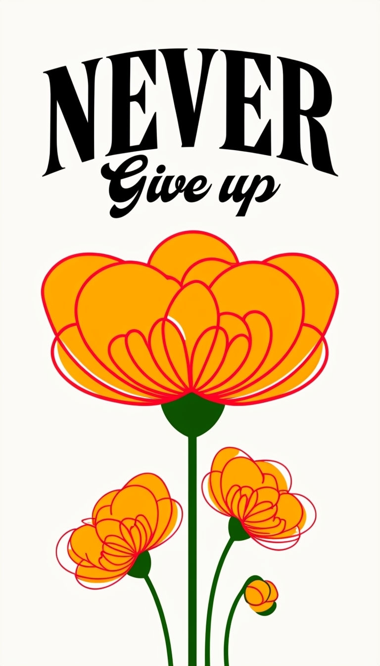 Motivational Poster with 'Never Give Up' and Stylish Flowers Mobile Wallpaper