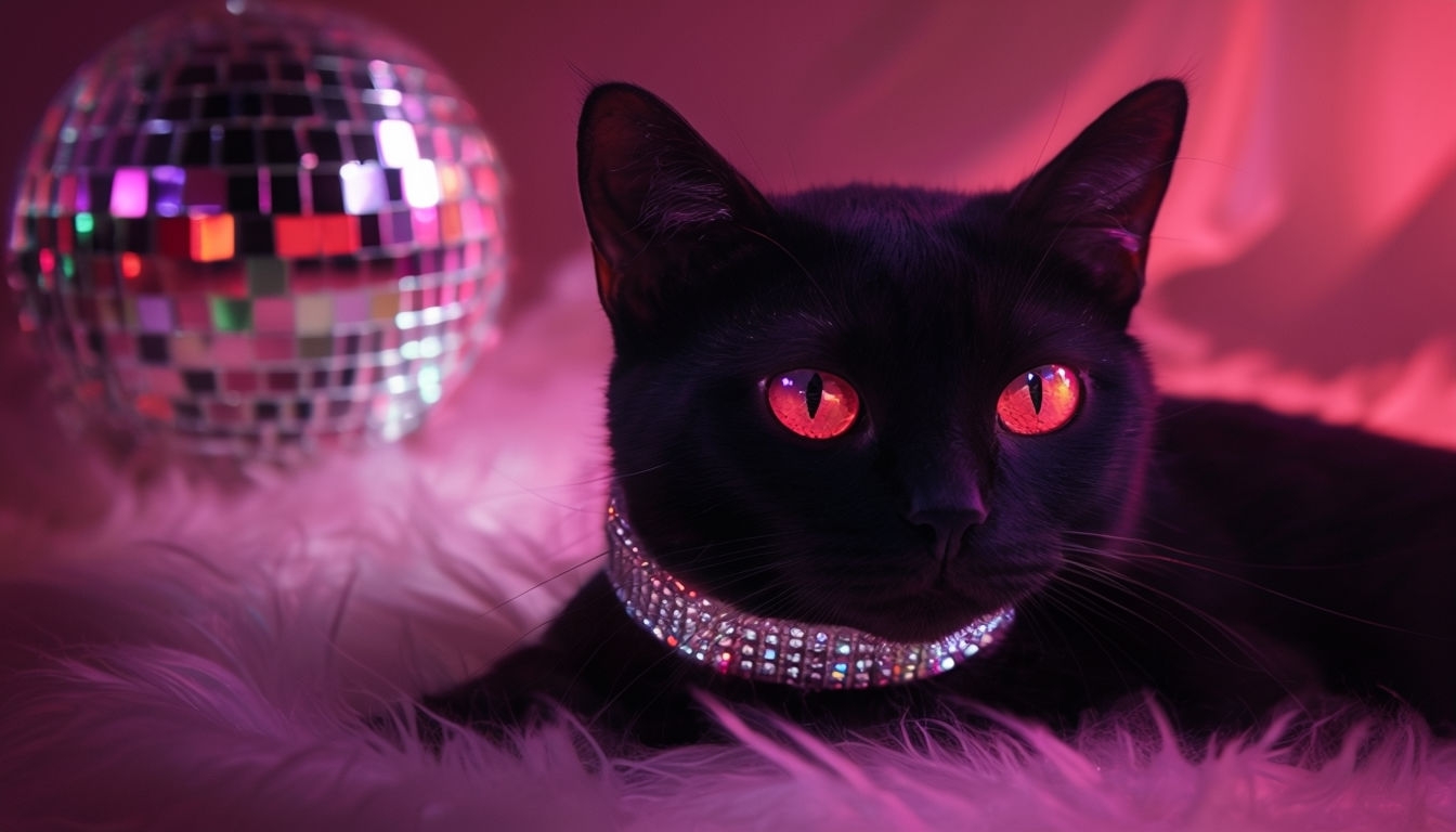 Sleek Black Cat with Neon Pink Eyes in Whimsical Setting Background