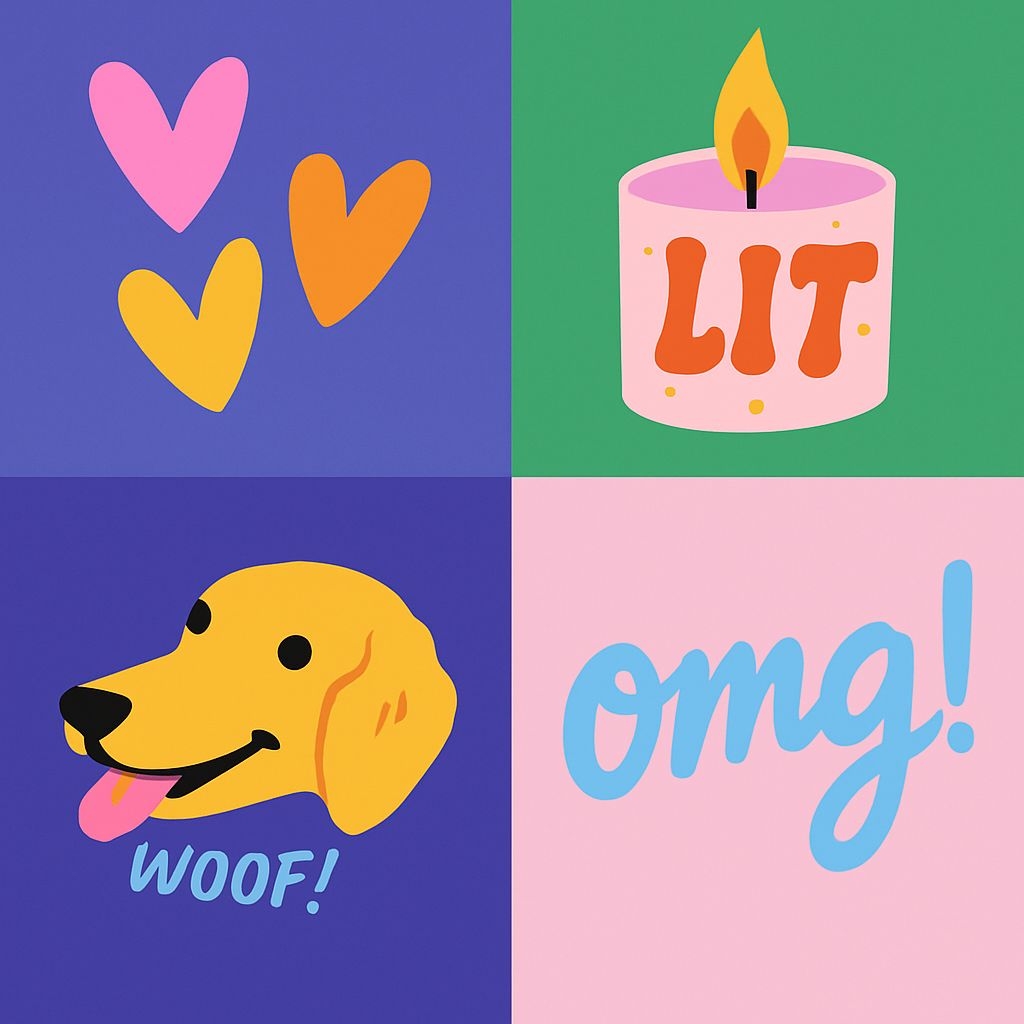 Playful Cartoon Hearts, Candle, Dog, and Text Quadrant Pattern Seamless Pattern