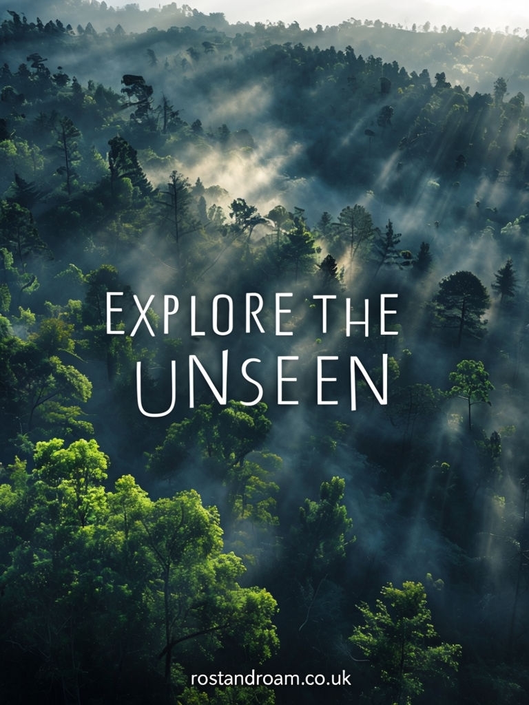 Ethereal Forest Landscape with Explore the Unseen Text Social Media Post