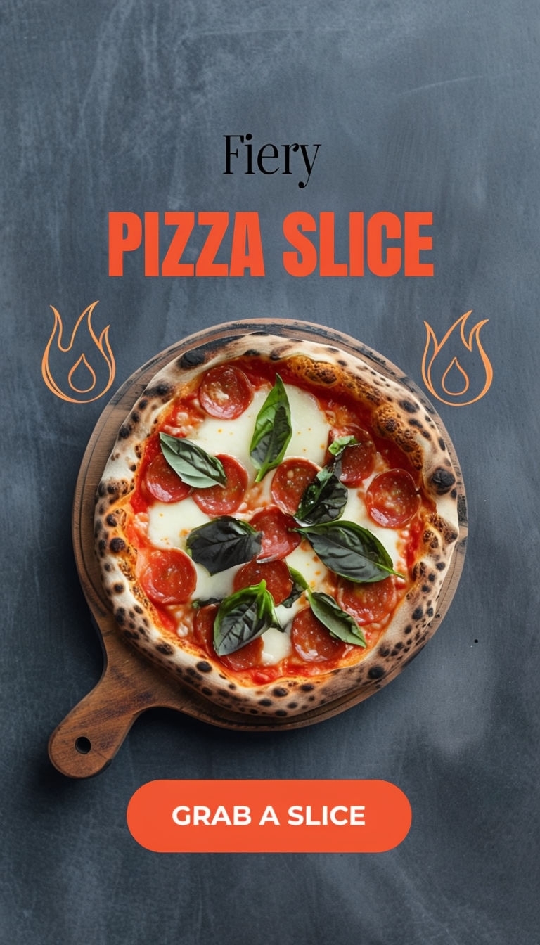 Gourmet Fiery Pizza Slice Close-Up with Call to Action Ad