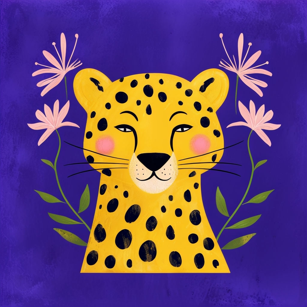 Whimsical Yellow Cheetah Illustration with Pink Flowers Art