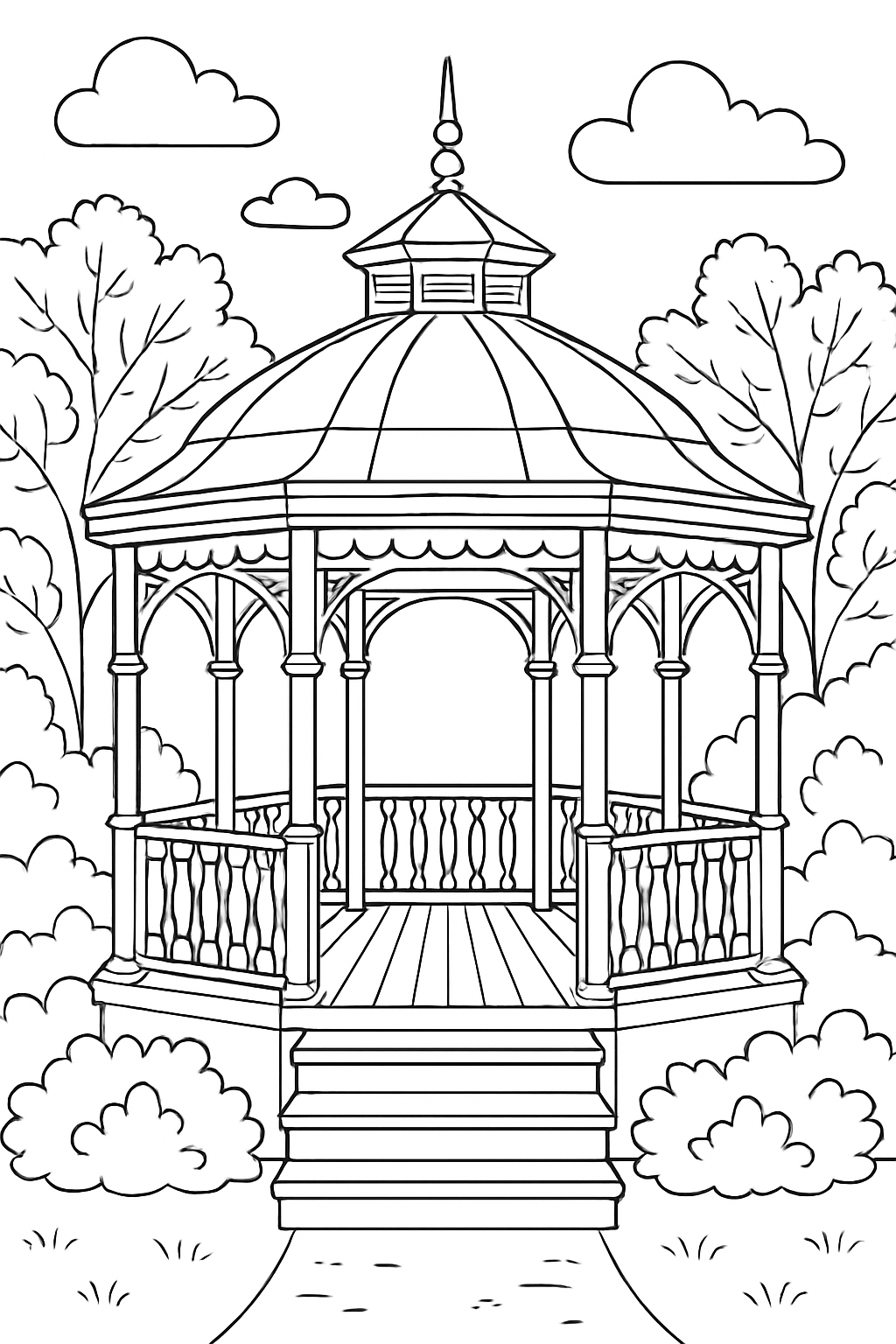 Elegant Black and White Gazebo Illustration for Coloring Book Pages