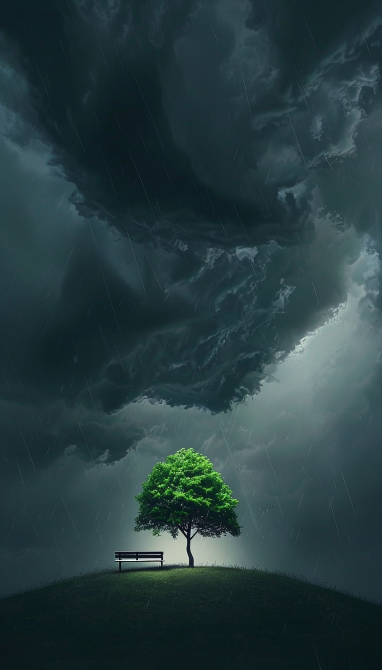 Melancholic Green Tree on Grassy Hilltop with Stormy Sky Mobile Wallpaper