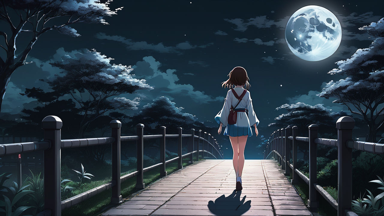 Anime girl walking on a walkway at night with a full moon in... by ...