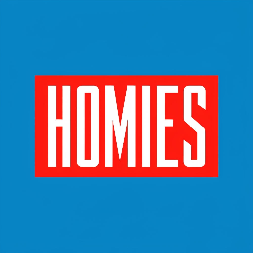 Bold HOMIES Logo on Vibrant Red Background with Sky Blue // Logo