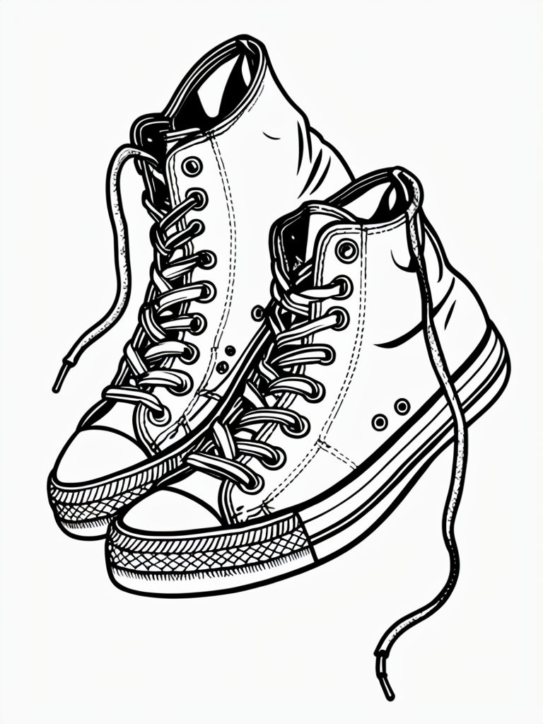 Detailed Black and White High-Top Sneakers Line Drawing Coloring Book Pages