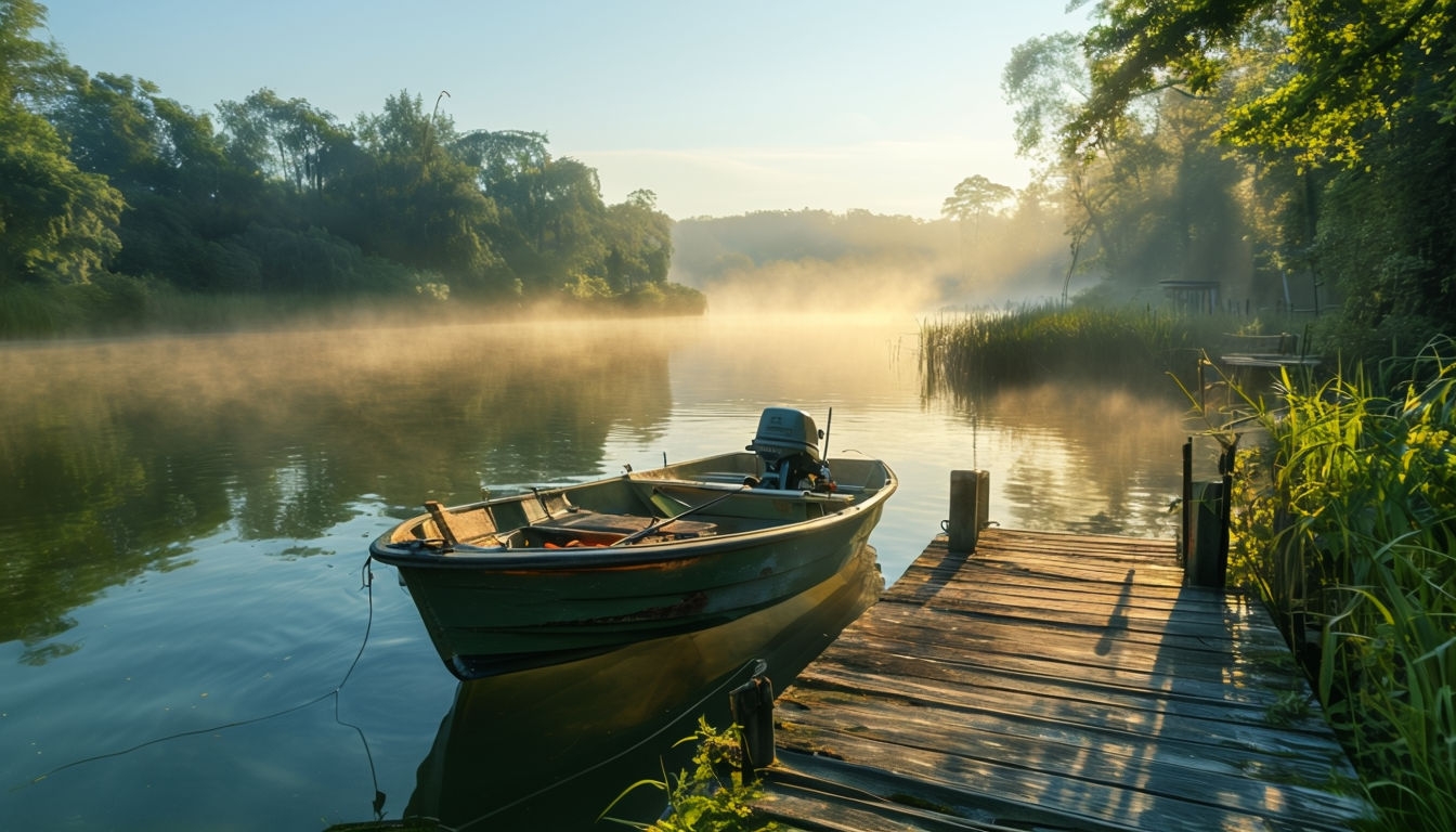 Serene Morning Lake Dock with Fishing Boat Virtual Background