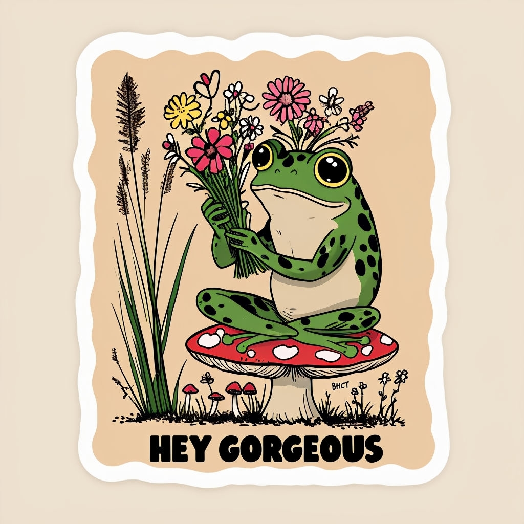 Cheerful Green Frog with Wildflowers and 'Hey Gorgeous' T-Shirt