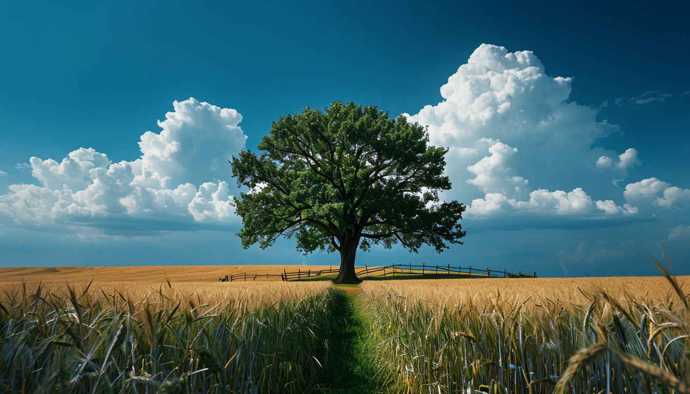 Tranquil Wheat Field with Lone Tree and Blue Sky Background