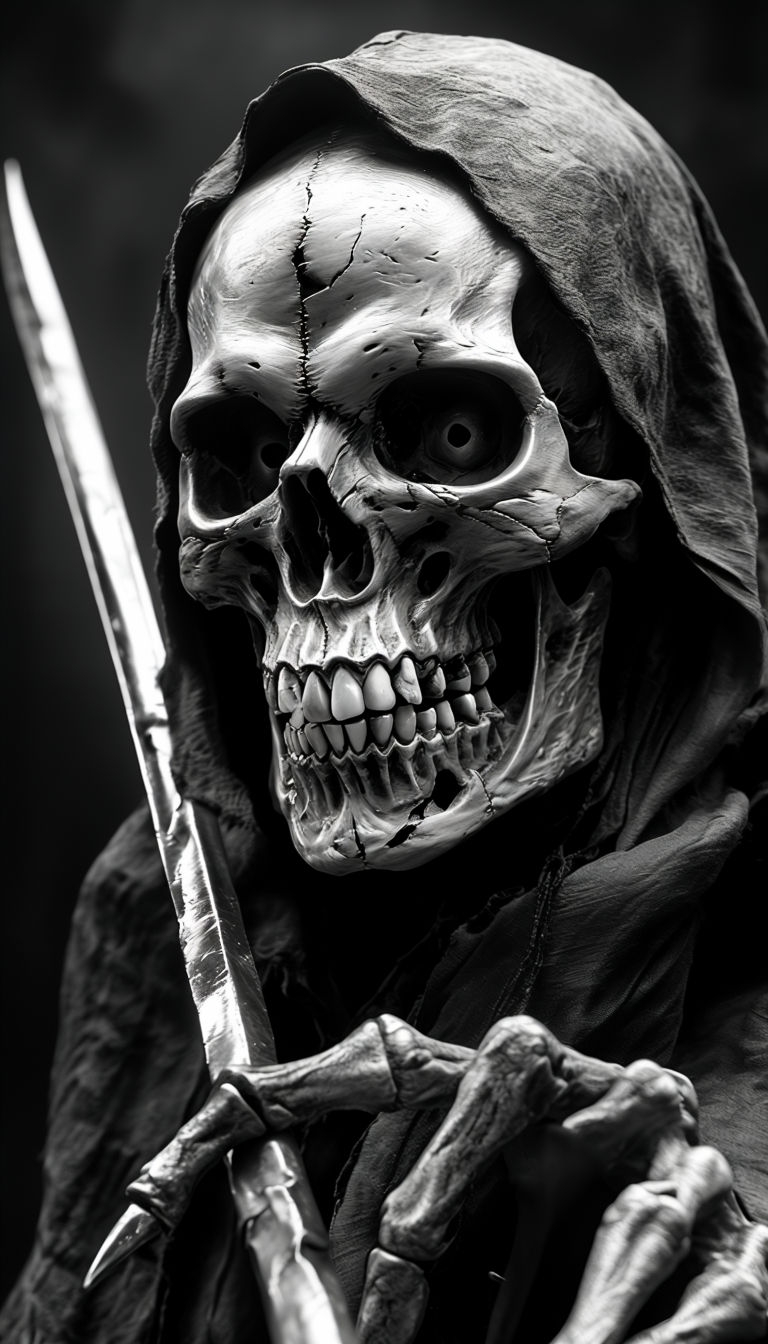 Eerie Black and White Skull with Scythe Close-Up Mobile Wallpaper