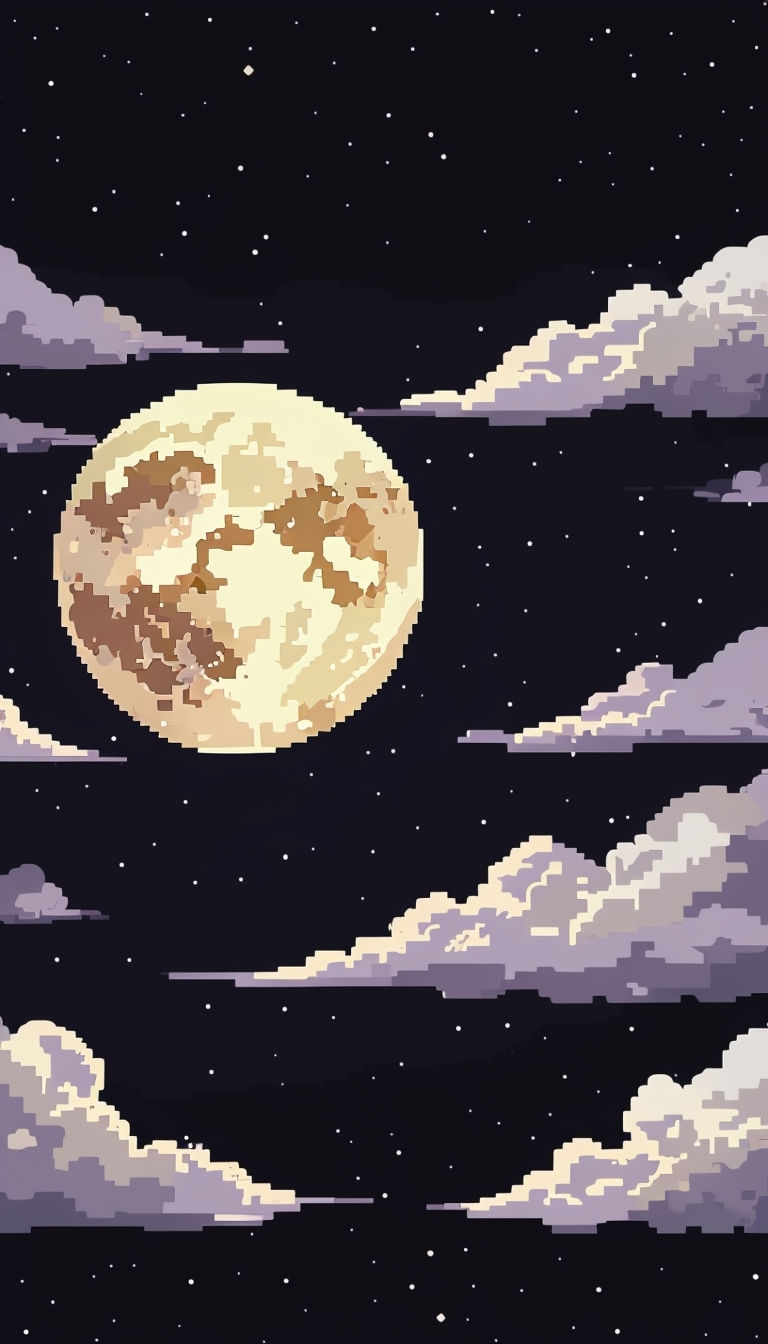 Pixelated 8-Bit Night Sky with Full Moon and Clouds Mobile Wallpaper