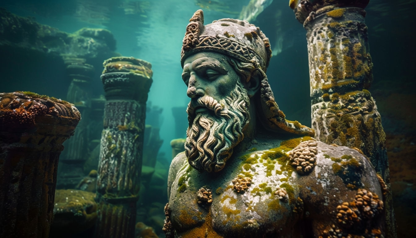 Ancient Underwater Ruins and Statue Photography Backgrounds