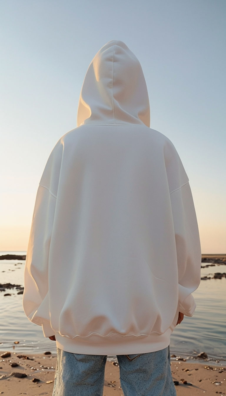 White Hoodie Mockup by the Beach at Sunset