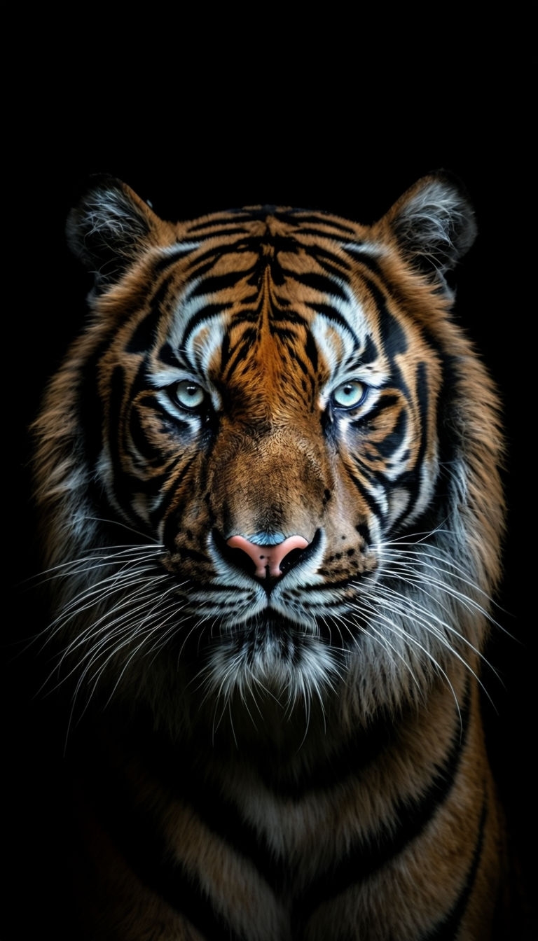 Majestic Tiger Face with Vivid Eyes on Black Background Mobile Wallpaper