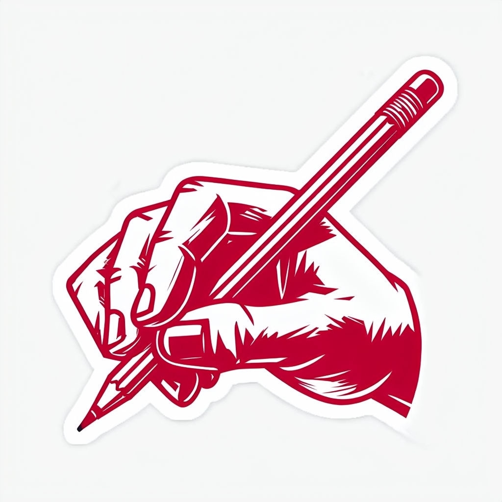 Stylized Crimson Hand Holding Pencil Minimalist Sticker