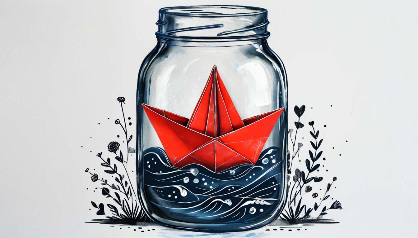 Whimsical Red Origami Boat in Glass Jar Illustration Background