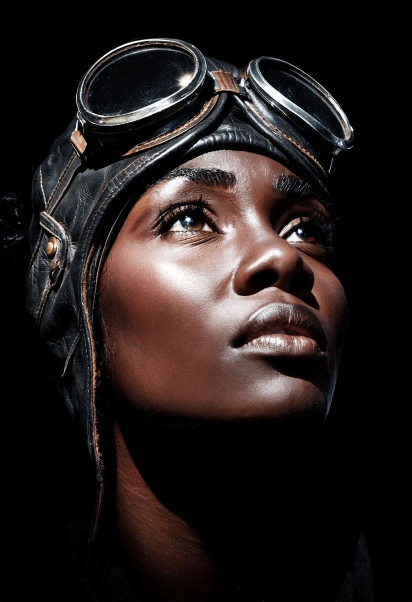 Dramatic Hyperrealistic Portrait of a Black Woman in Aviator Cap Art