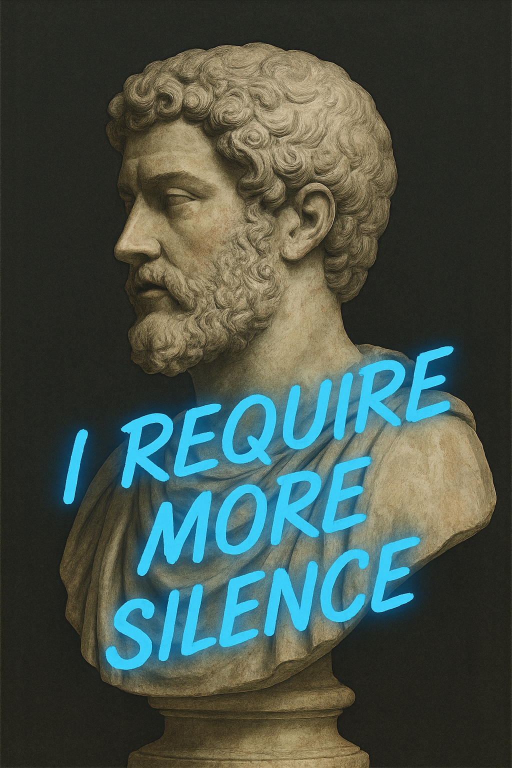 Classical Marble Bust with Neon Text 'I REQUIRE MORE SILENCE' Poster