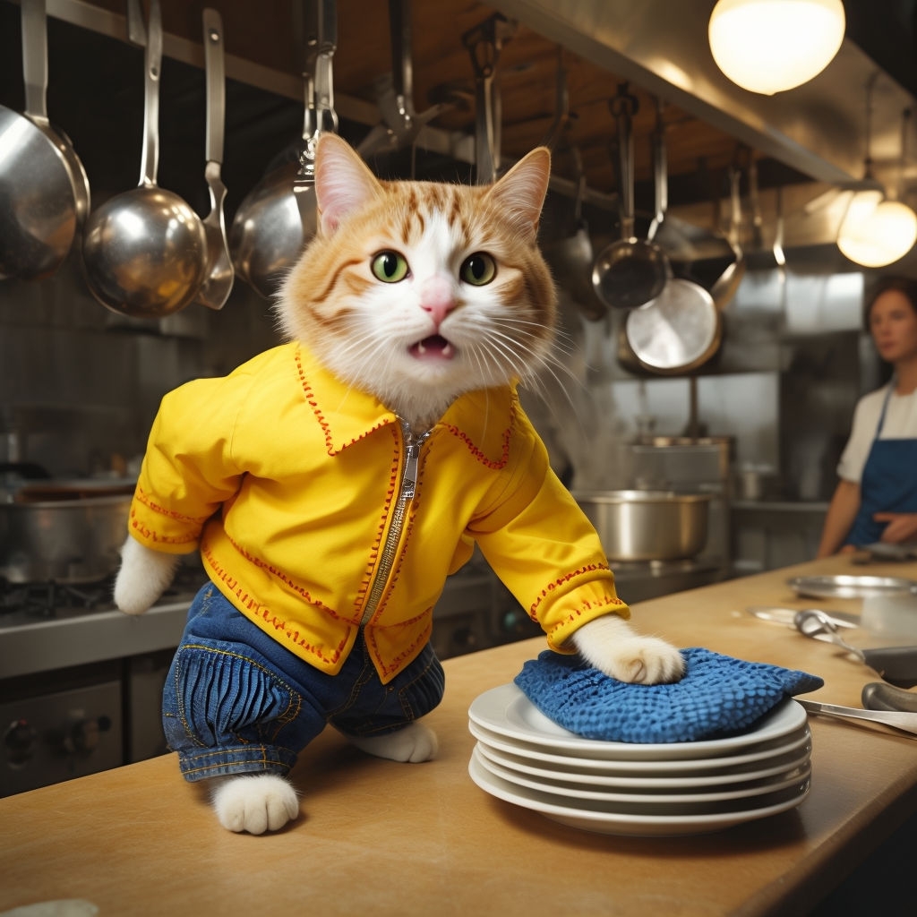 Whimsical Cat in Chef Outfit Captured in Cozy Kitchen Photograph Art