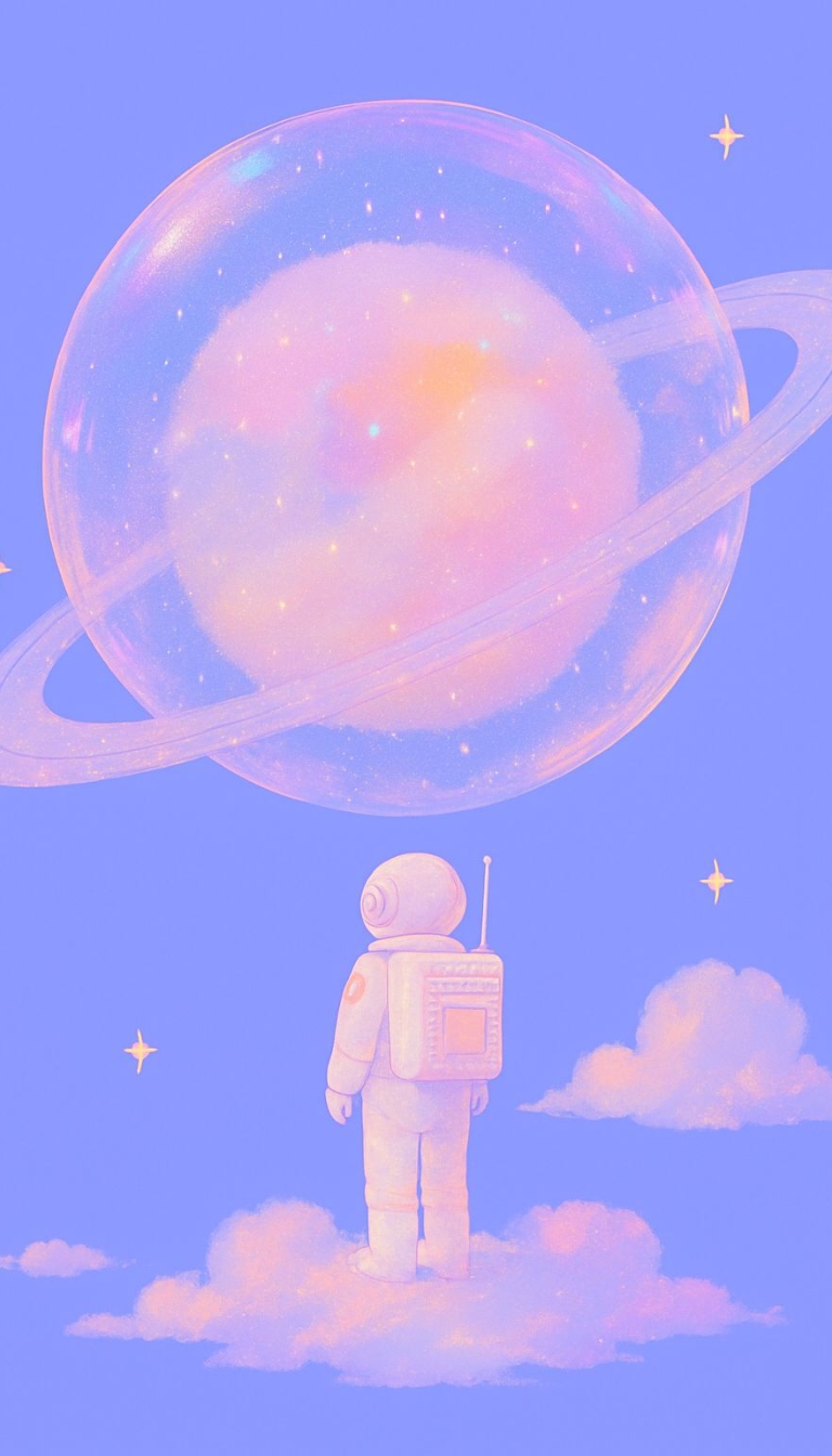 Dreamy Astronaut on Pastel Cloud with Bubble Planet Mobile Wallpaper