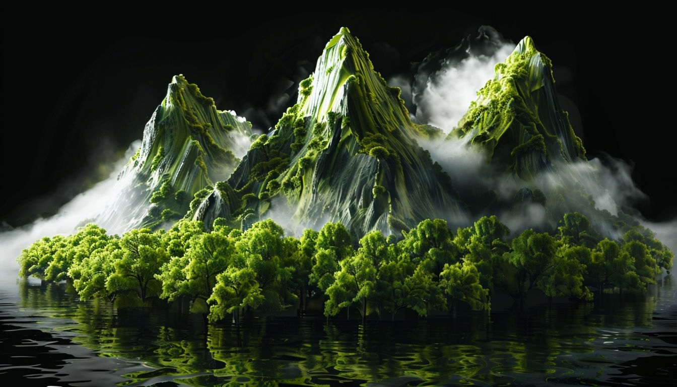 Serene Surreal Landscape with Lush Greenery and Misty Mountains Virtual Backgrounds