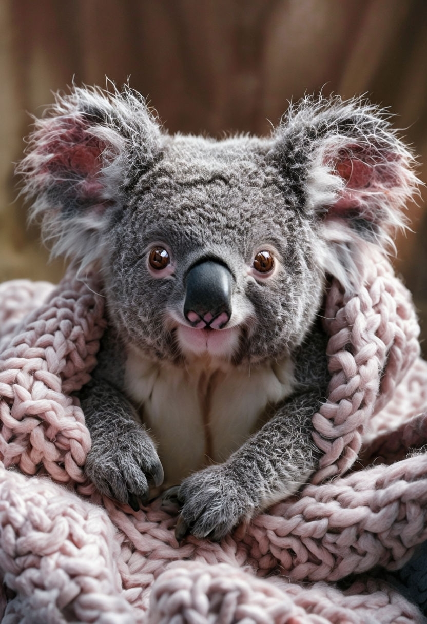 Adorable Koala Bear Snuggled in Pink Blanket Art