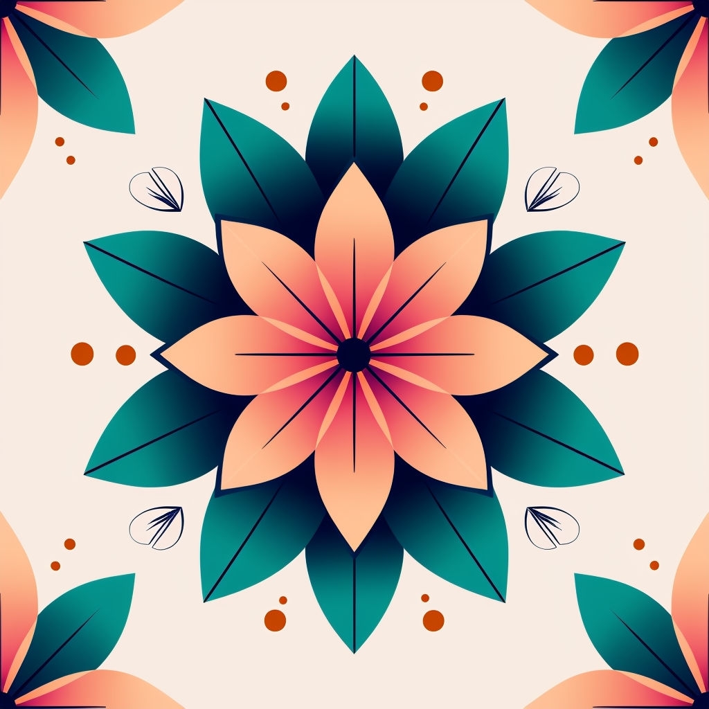 Vibrant Floral Symmetrical Pattern with Leaves and Accents Seamless Pattern