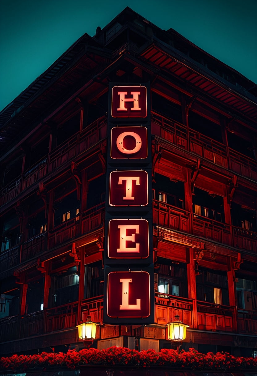 Atmospheric Neon Hotel Sign Night Photography Poster