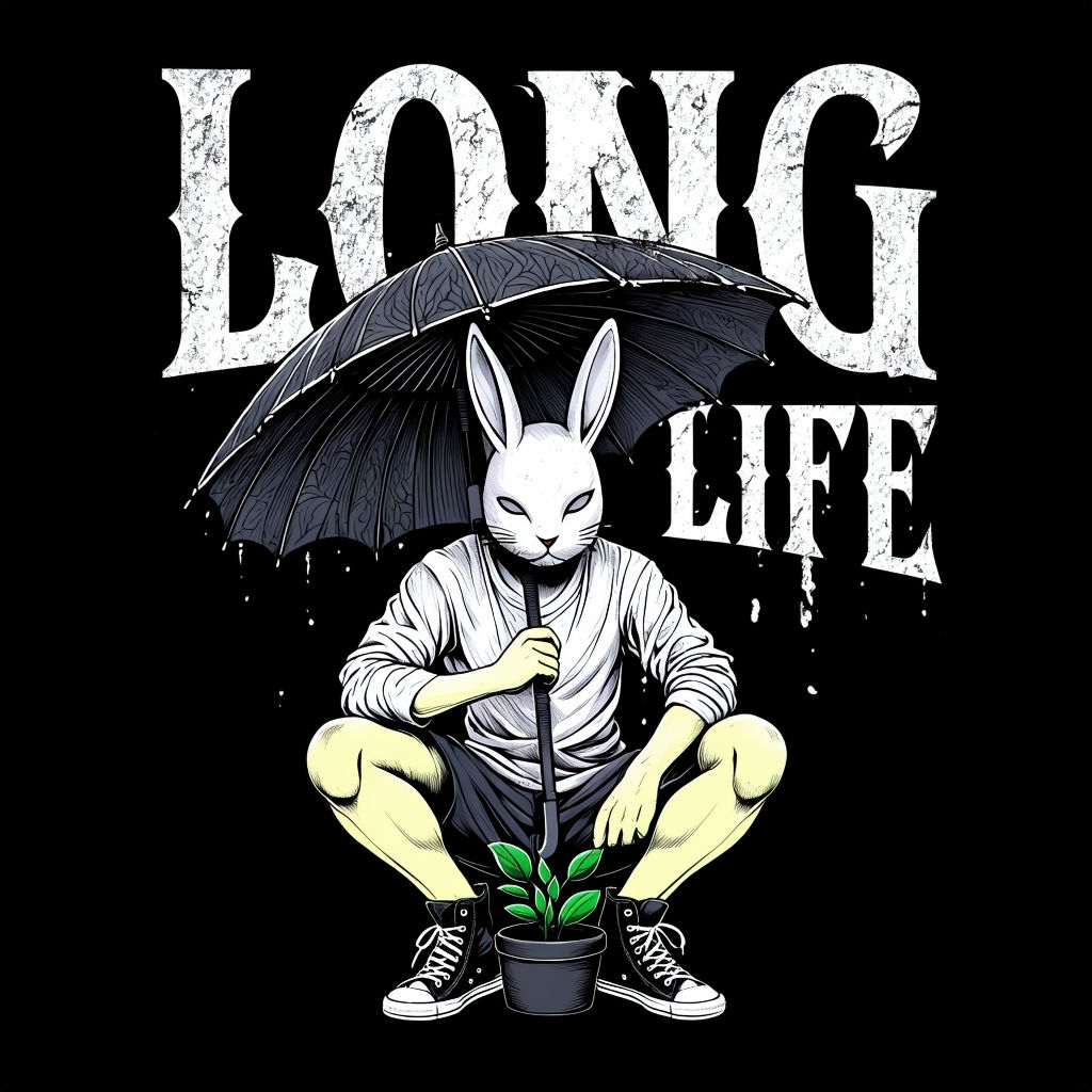 Meditative Rabbit Mask with Umbrella and Long Life Typography T-Shirt