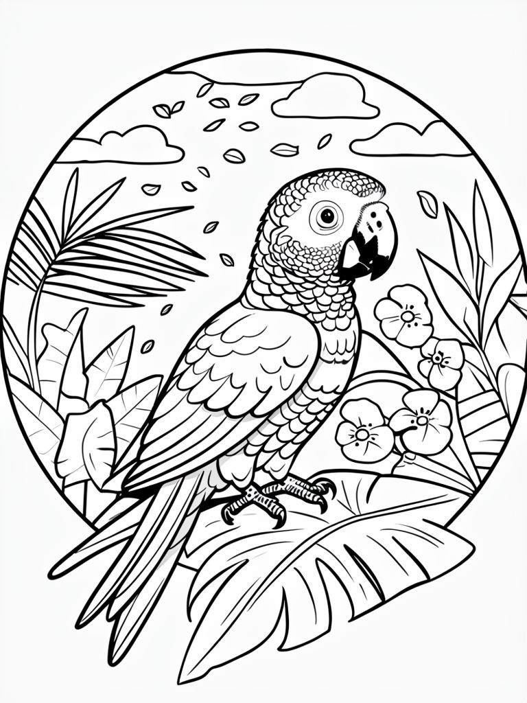 Whimsical African Grey Parrot Coloring Illustration in Nature Scene Coloring Book Pages