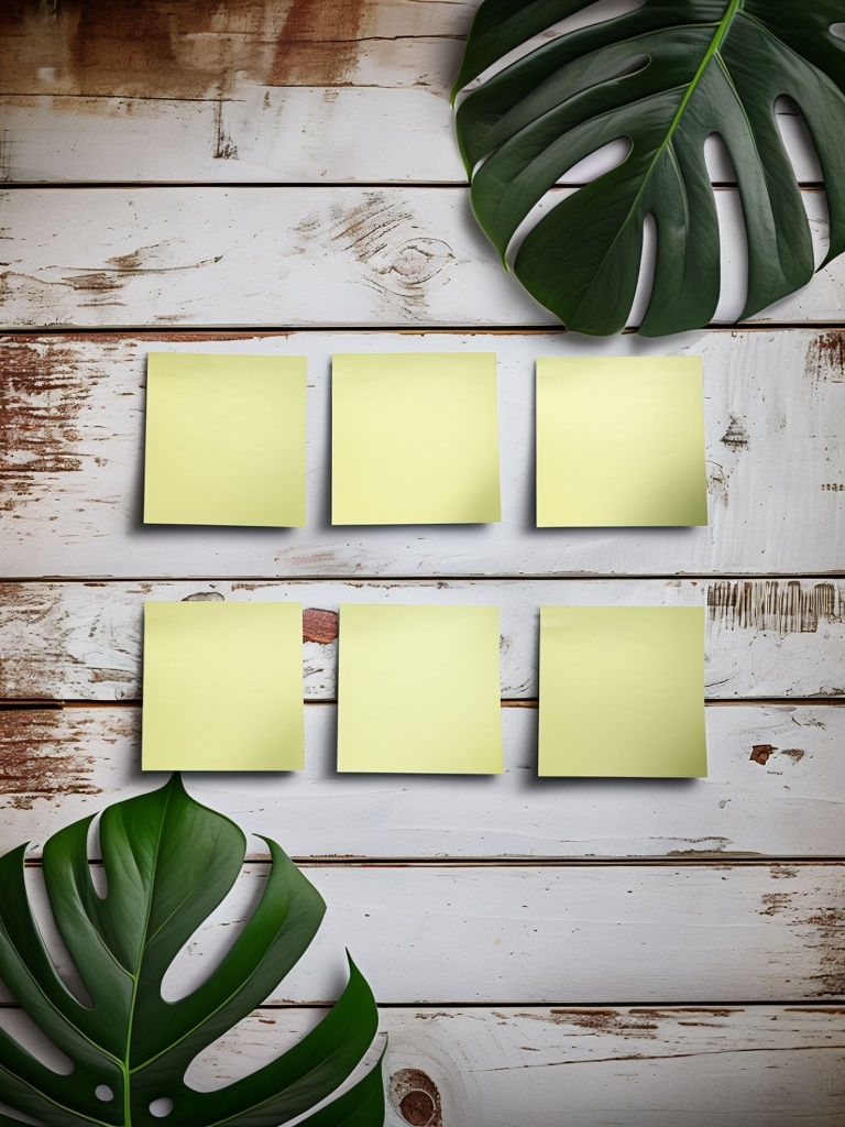 Rustic White Wooden Surface with Sticky Notes and Monstera Leaf Mockup