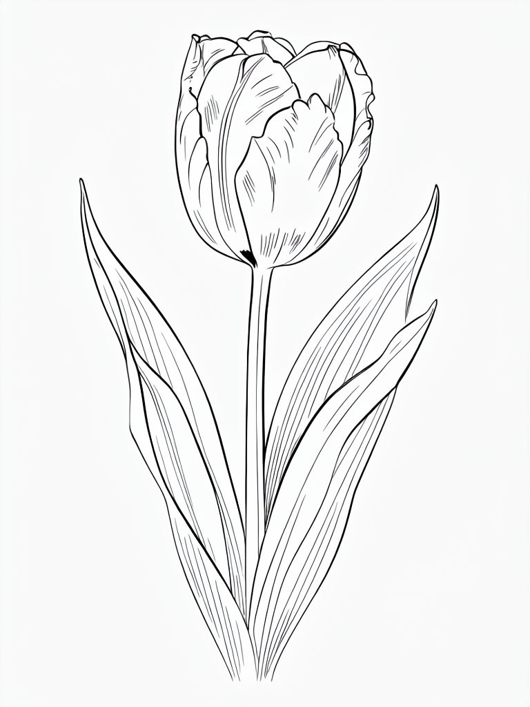 Symmetrical Tulip Line Drawing with Curved Leaves Coloring Book Pages