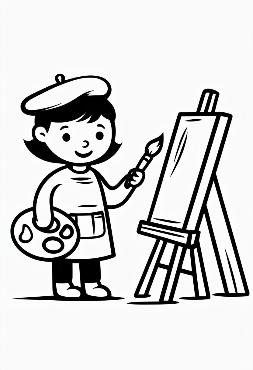 Cheerful Artist Character Line Drawing for Coloring Book Pages