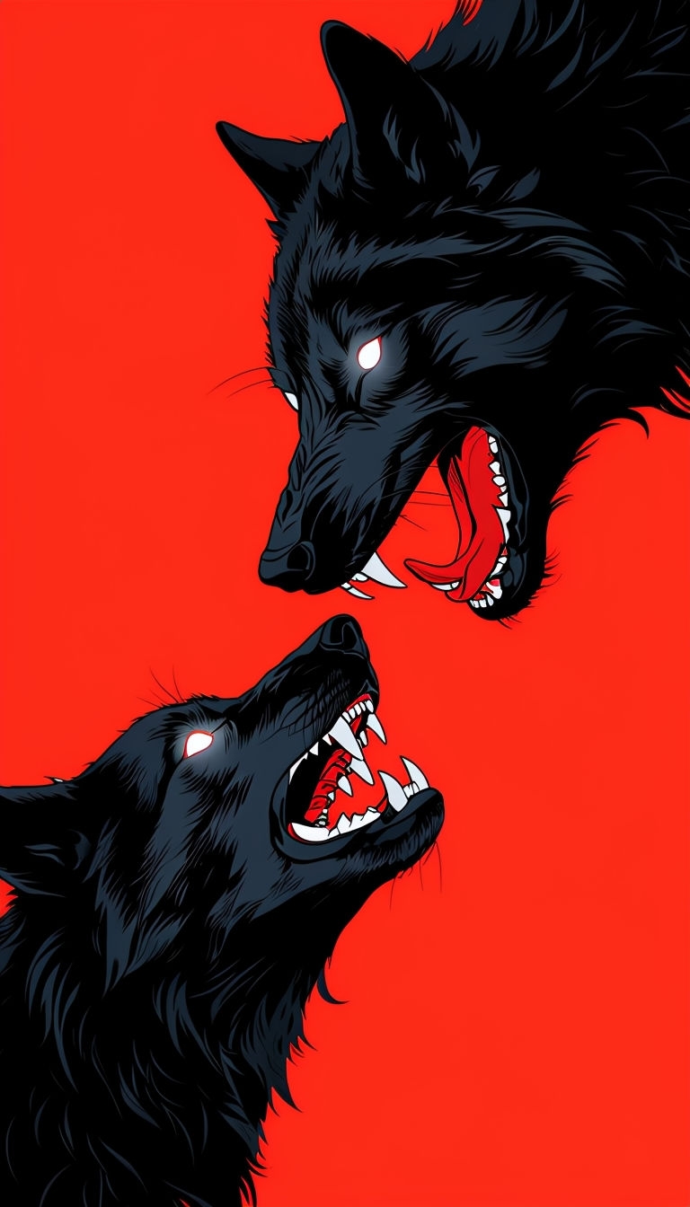 Menacing Black Wolf Heads Against Vivid Red Background Mobile Wallpaper