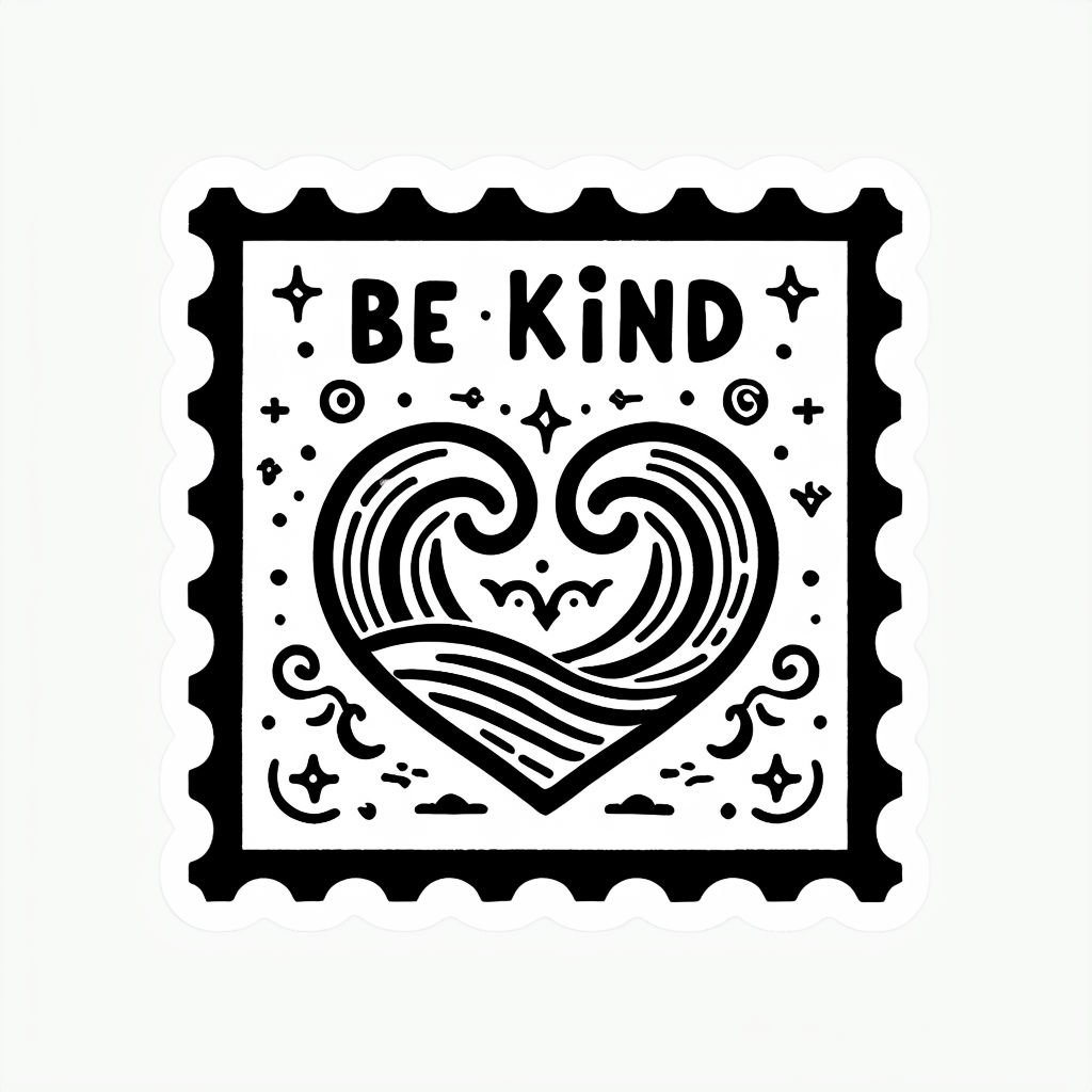 Be Kind Heart Postage Stamp Style Black and White Sticker
