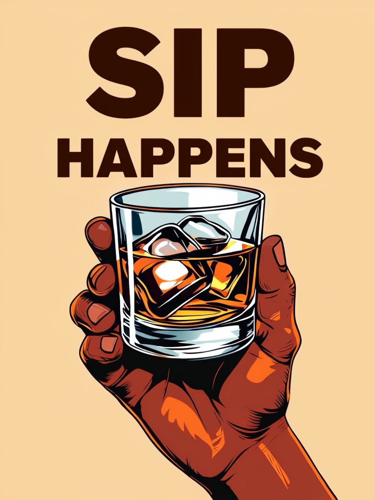 SIP Happens Whiskey Illustration with Hand Holding Glass Poster