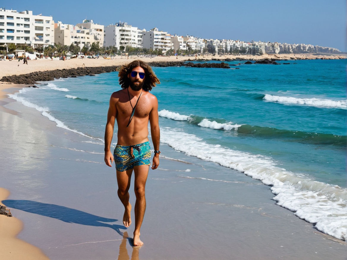 A rear image of a 24 year old hairy men full body on beach))